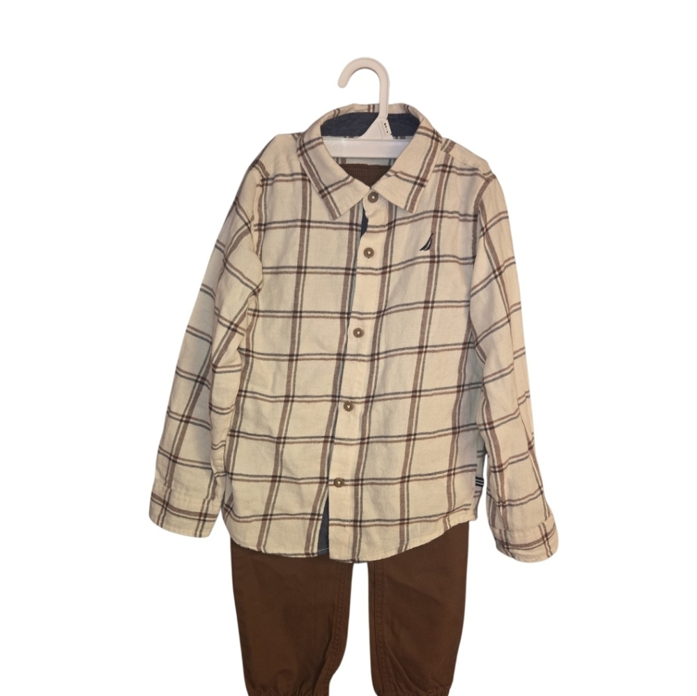 Plaid Button-Up Shirt and Brown Pants Set
